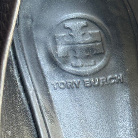 Tory Burch Black Leather Wedge Peep Toe Pumps With Gold Logo Size 10M - Picture 5 of 12